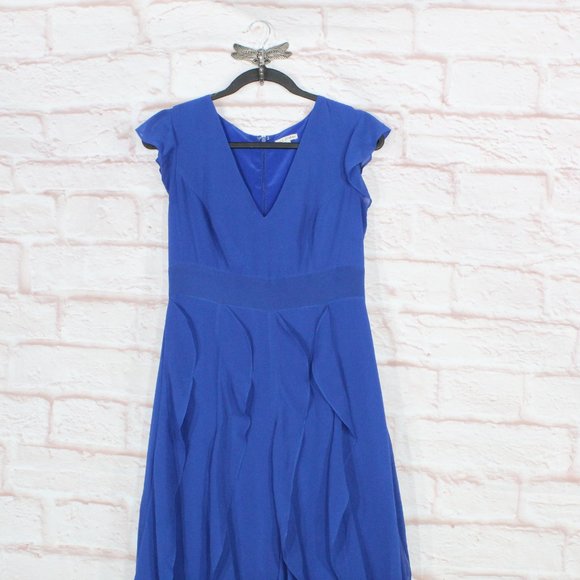 Lace & Mesh Blue Polyester Lined V-Neck Cap Sleeve Ruffled Long Dress Size M - Picture 2 of 10